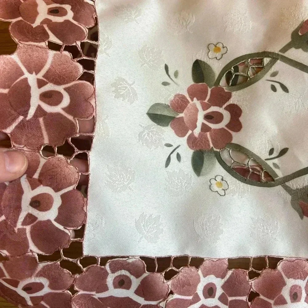 Set of 3 Floral Embroidered Satin Doilies - 16x10 Pink Flower Lace Edge